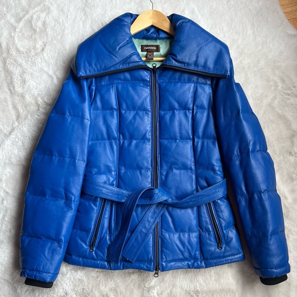 Danier Blue Leather Puffer Jacket - Picture 1 of 7